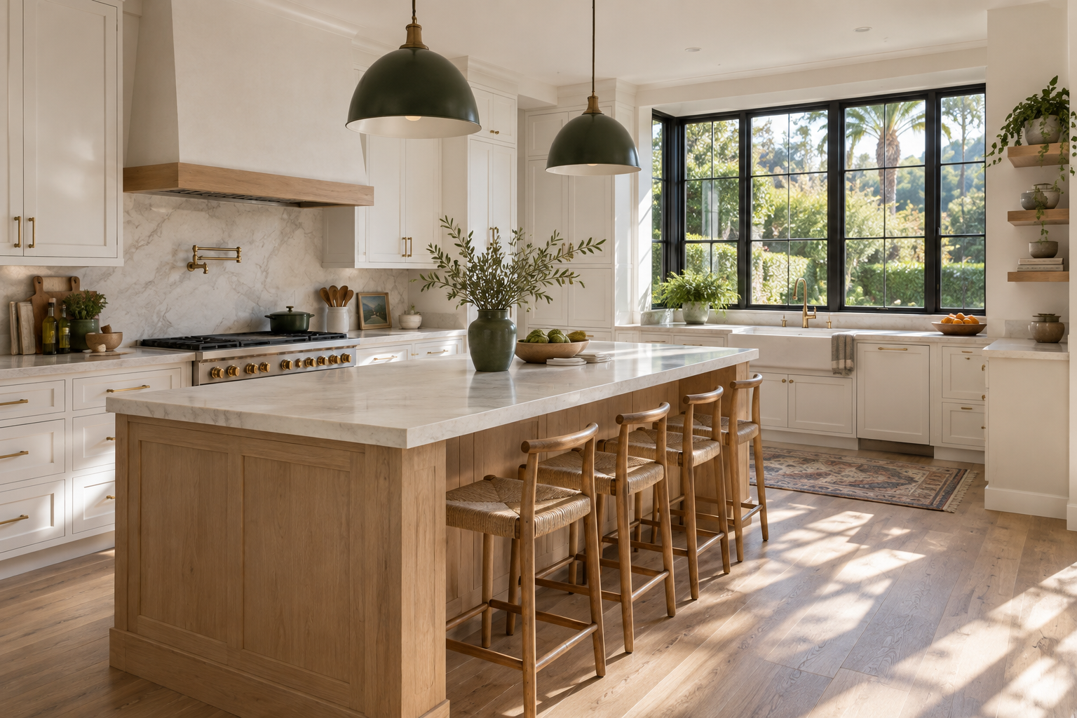 Warm, light-filled kitchen with an oak island